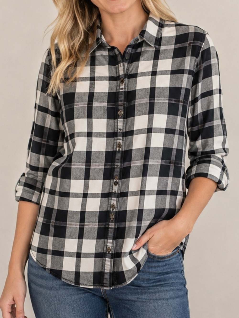 100% Cotton Banana Republic Soft Wash Plaid Shirt Black White Button Up Small